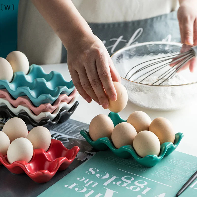 〔W〕6 Grids Egg Holder Ceramic Anti-Slip Egg Box Refrigerator Shockproof Egg Tray Holder Storage Box Home Storage Organization