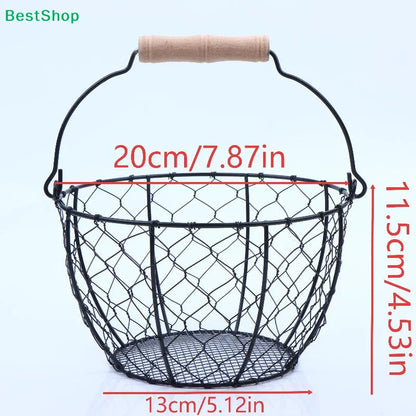 ☪Egg Basket Round Metal Wire Basket With Handle Multipurpose Food Storage Organizer Fruit Vegetable Holder For Kitchen Picnic