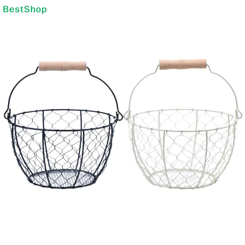 ☪Egg Basket Round Metal Wire Basket With Handle Multipurpose Food Storage Organizer Fruit Vegetable Holder For Kitchen Picnic