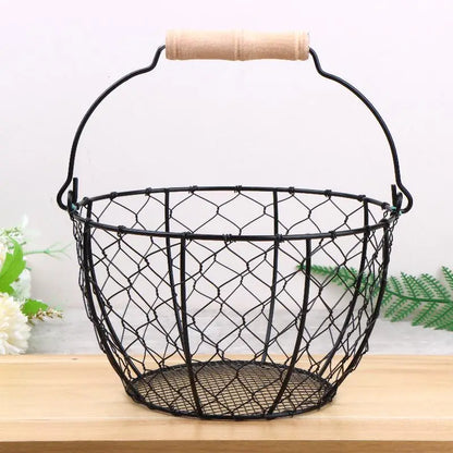 ☪Egg Basket Round Metal Wire Basket With Handle Multipurpose Food Storage Organizer Fruit Vegetable Holder For Kitchen Picnic