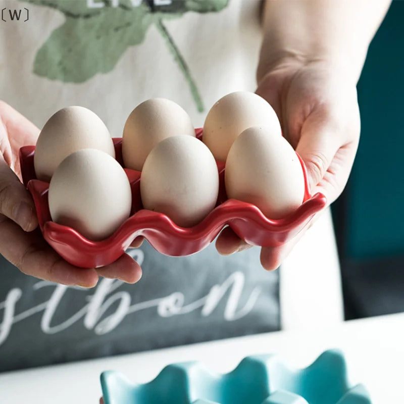 〔W〕6 Grids Egg Holder Ceramic Anti-Slip Egg Box Refrigerator Shockproof Egg Tray Holder Storage Box Home Storage Organization