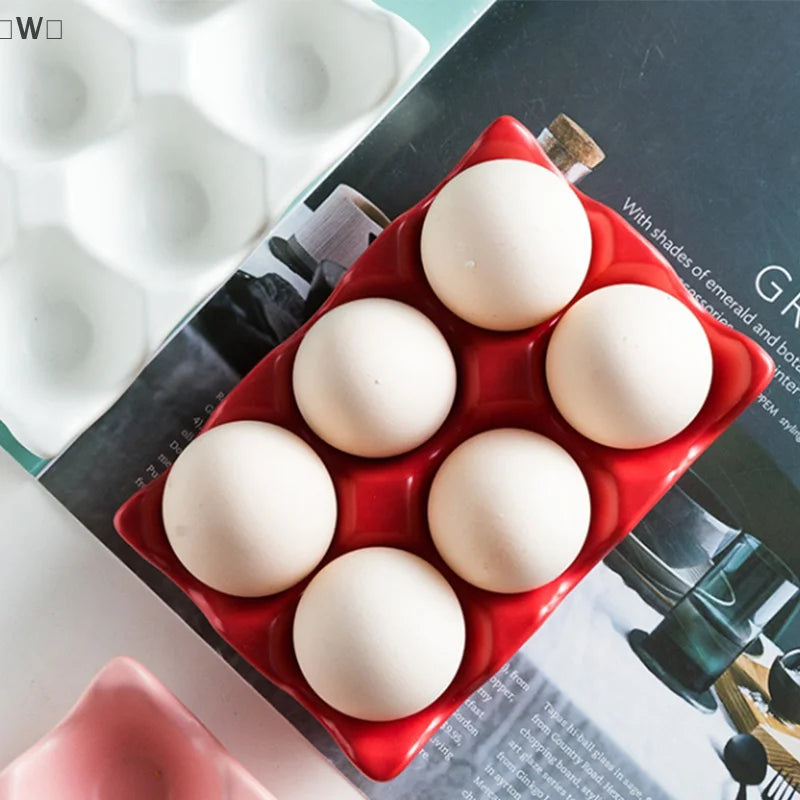 〔W〕6 Grids Egg Holder Ceramic Anti-Slip Egg Box Refrigerator Shockproof Egg Tray Holder Storage Box Home Storage Organization