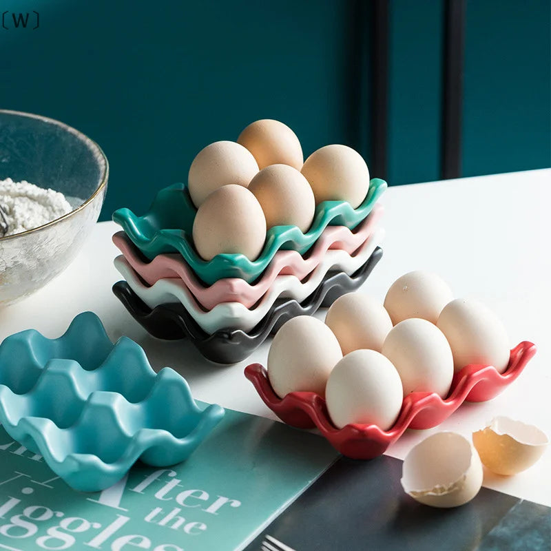 〔W〕6 Grids Egg Holder Ceramic Anti-Slip Egg Box Refrigerator Shockproof Egg Tray Holder Storage Box Home Storage Organization