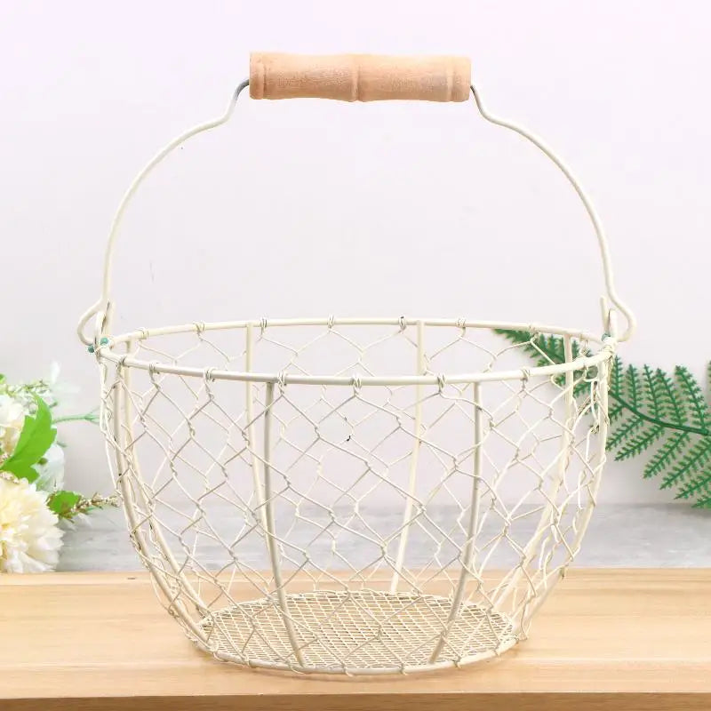 ☪Egg Basket Round Metal Wire Basket With Handle Multipurpose Food Storage Organizer Fruit Vegetable Holder For Kitchen Picnic