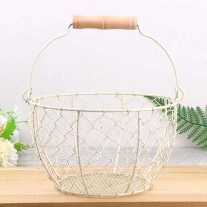 ☪Egg Basket Round Metal Wire Basket With Handle Multipurpose Food Storage Organizer Fruit Vegetable Holder For Kitchen Picnic
