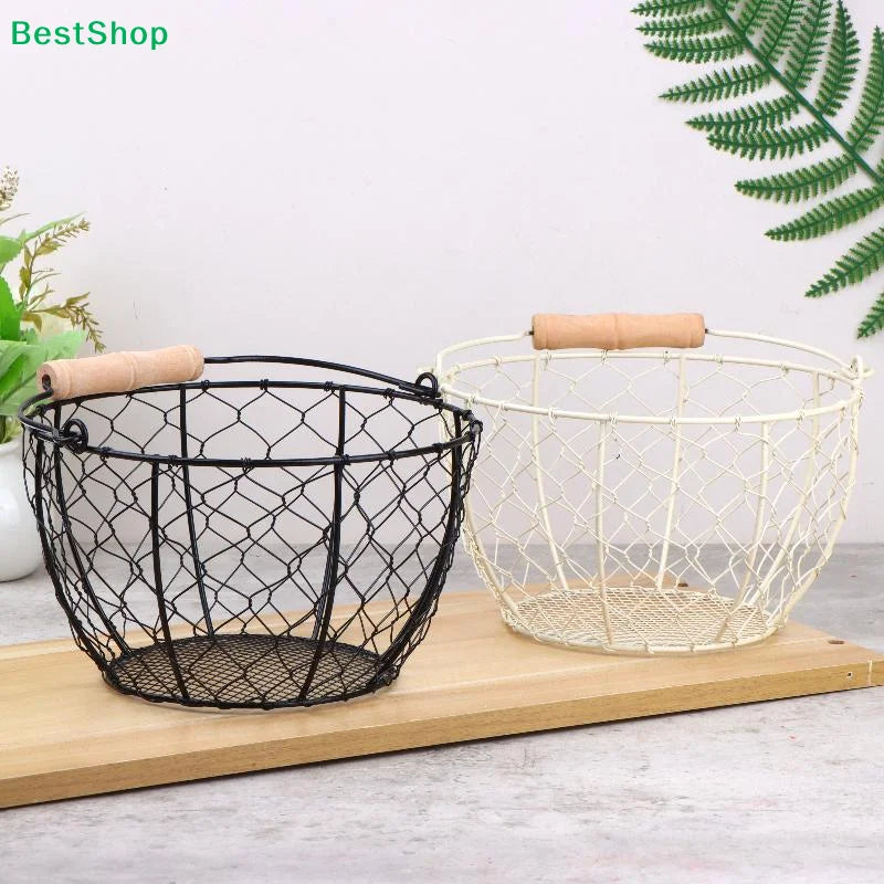 ☪Egg Basket Round Metal Wire Basket With Handle Multipurpose Food Storage Organizer Fruit Vegetable Holder For Kitchen Picnic