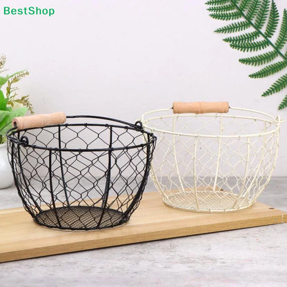 ☪Egg Basket Round Metal Wire Basket With Handle Multipurpose Food Storage Organizer Fruit Vegetable Holder For Kitchen Picnic